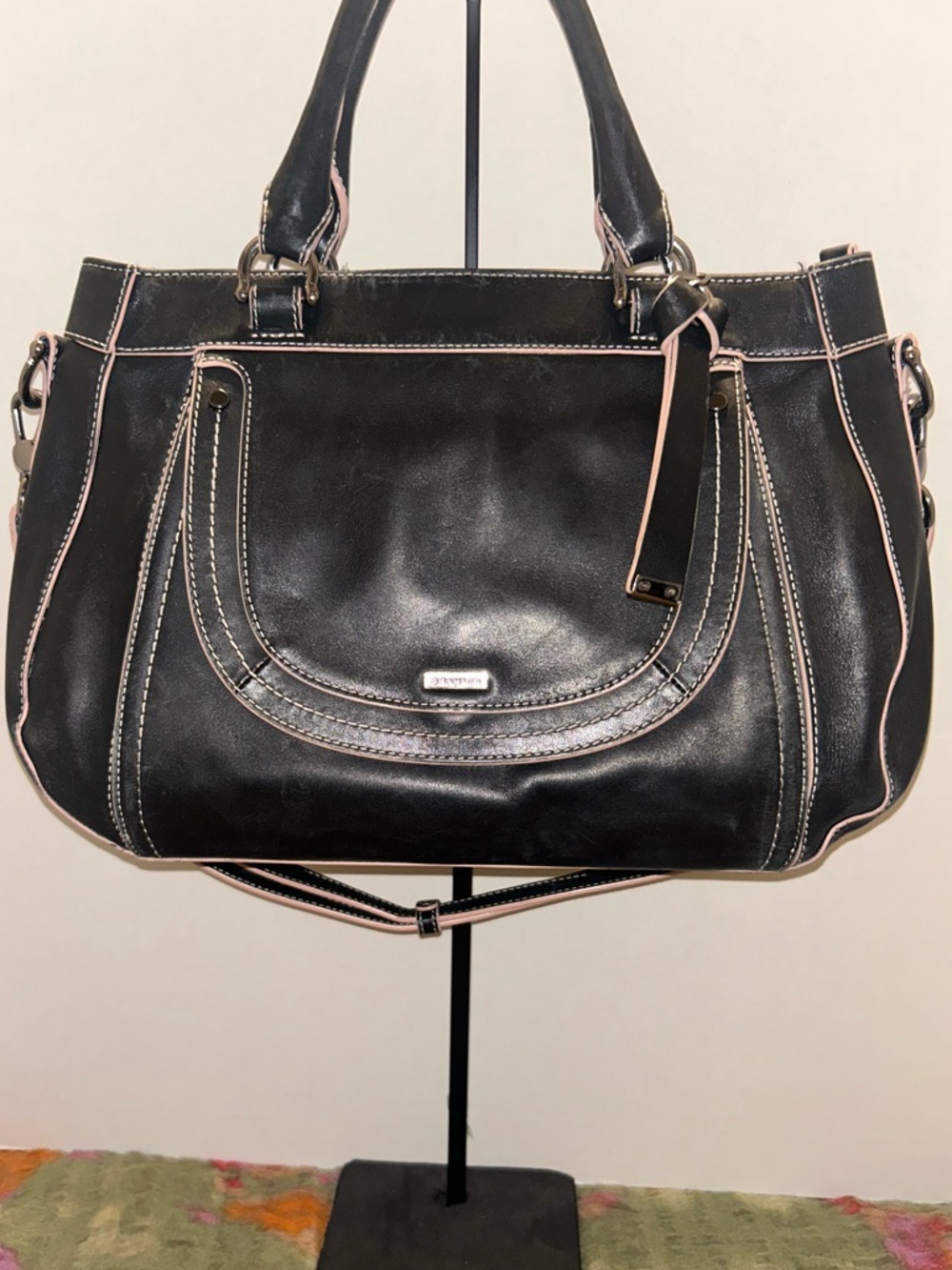 Brahmin Black Leather Satchel with Tan Trim
